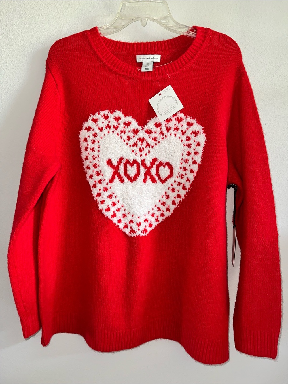 cupcakes & cashmere Red Crewneck Sweater with White Fuzzy Heart and XOXO 1X